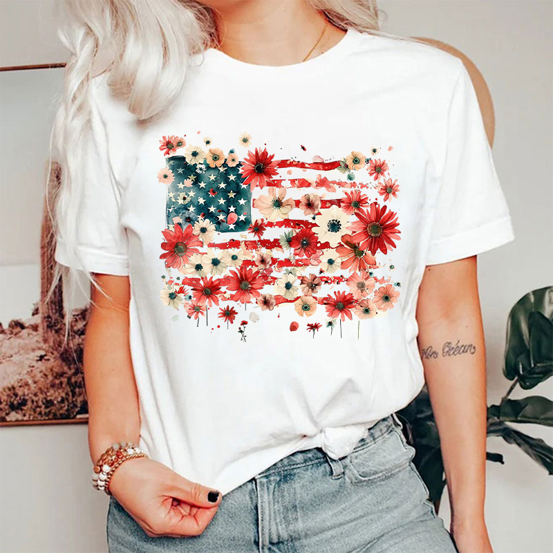 American Flag Floral Nurse T-Shirt