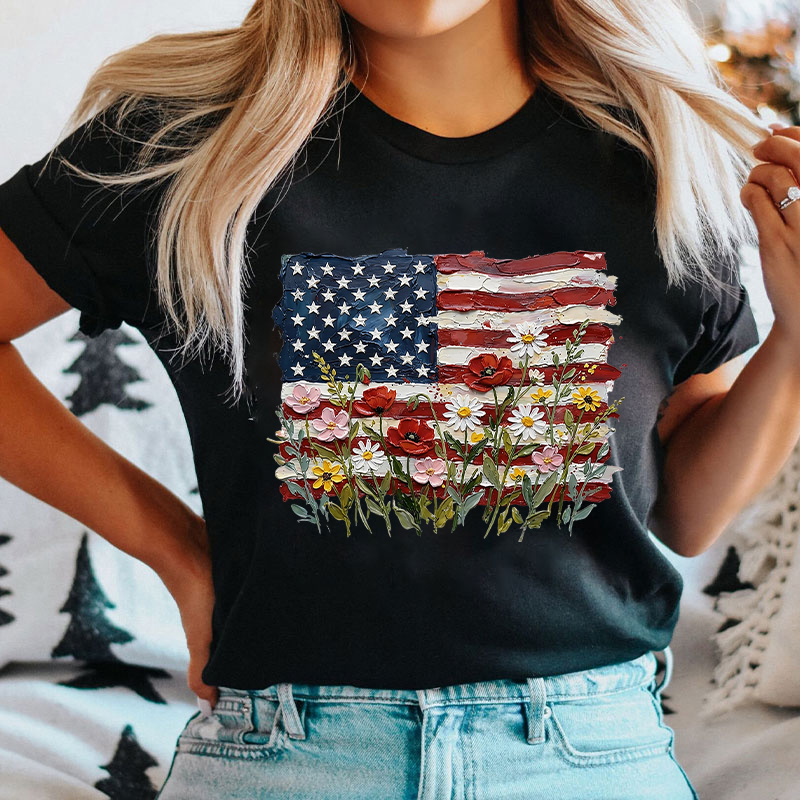 American Flag Floral Nurse T-Shirt