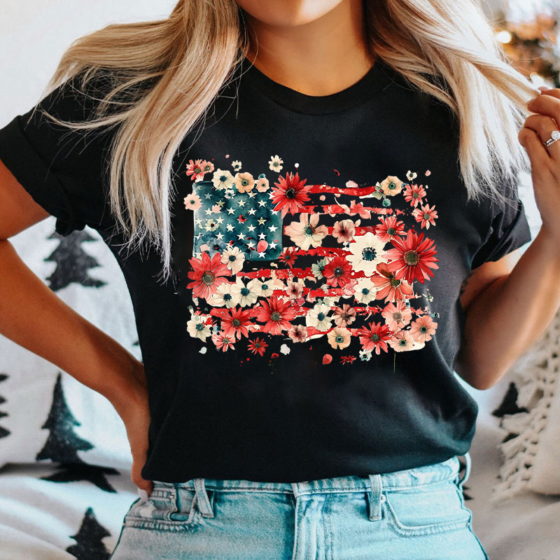 American Flag Floral Nurse T-Shirt