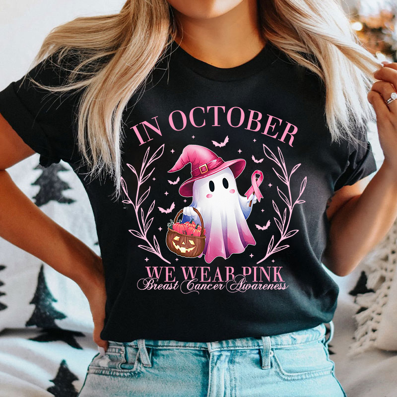 In October We Wear Pink Breast Cancer Awareness Cute Ghost Nurse T-Shirt