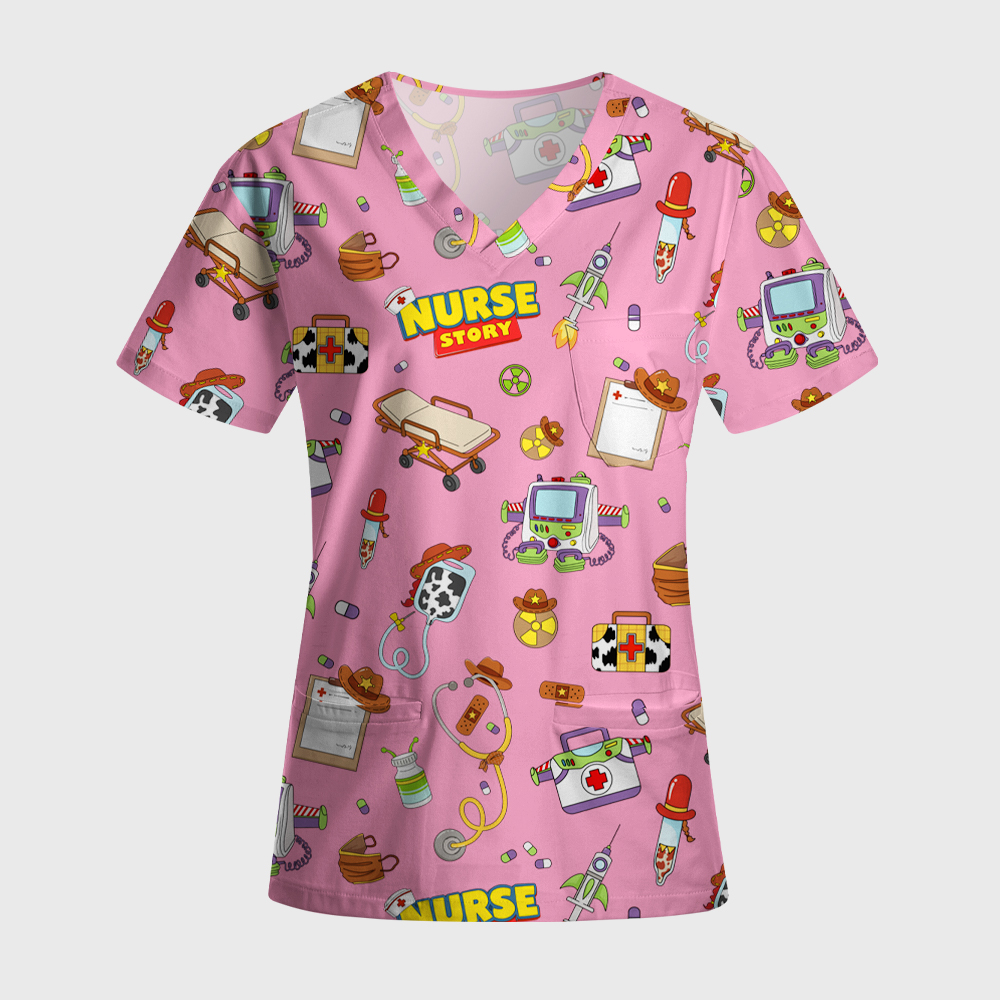 Cartoon Medical Equipment Print Nurse Scrub Set