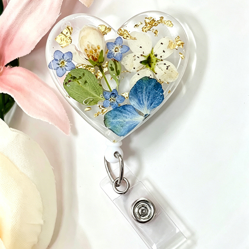Personalized Name Pretty Floral Resin Heart Nurse Badge Reel