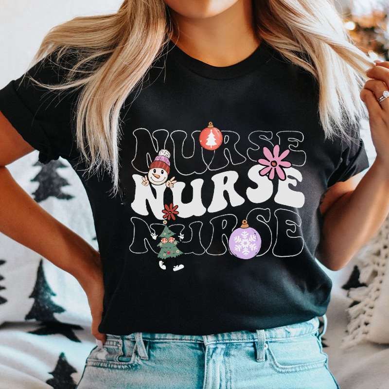 Retro Christmas Elements Nurse T-Shirt