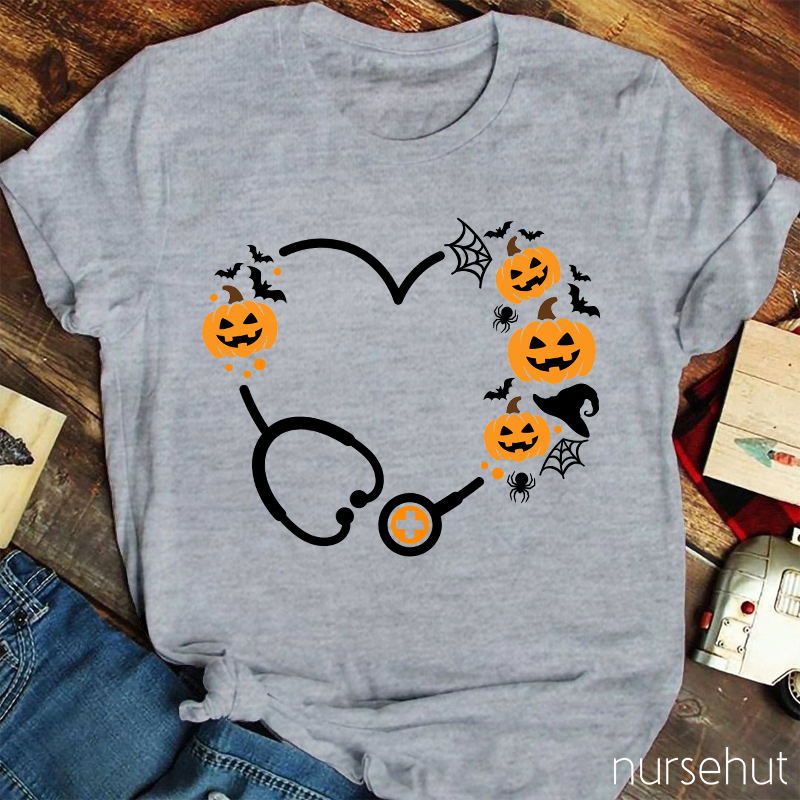 Halloween Pumpkin Stethoscope Heart Nurse T-Shirt
