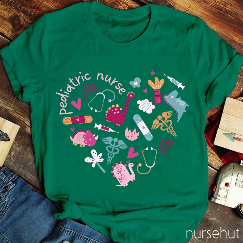 Cartoon Dinosaur Turtle Giraffe Pediatric Registered Nurse T-Shirt