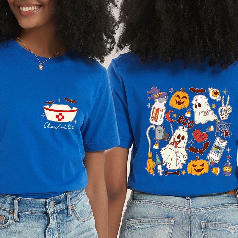 Personalized Name Halloween Boo Nurse Two Sided T-Shirt