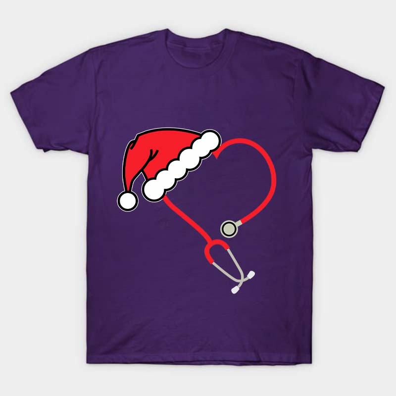 Heart Shaped Stethoscope With Santa Hat Nurse T-Shirt