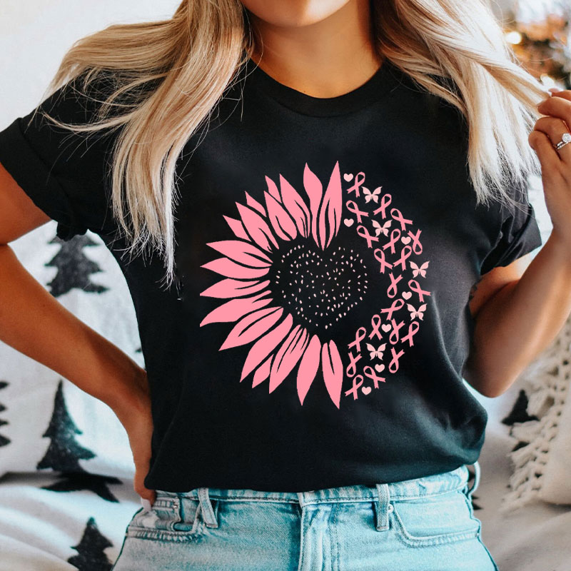 Breast Cancer Awareness Pink Sunflower And Ribbon Heart Nurse T-Shirt