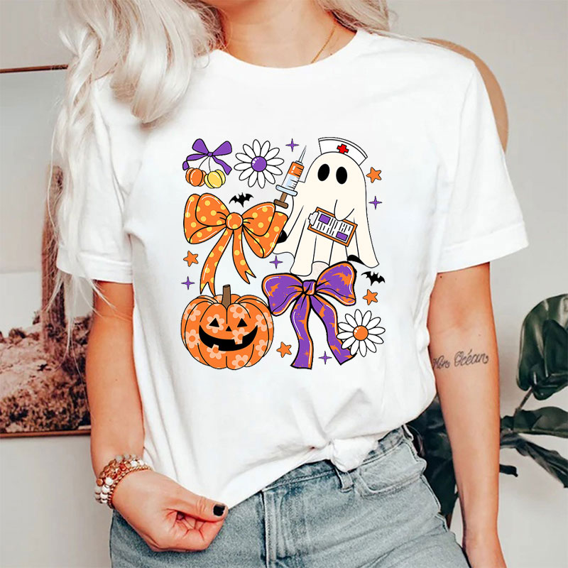 Cute Ghost Pumpkin Nurse With Halloween Nurse T-Shirt