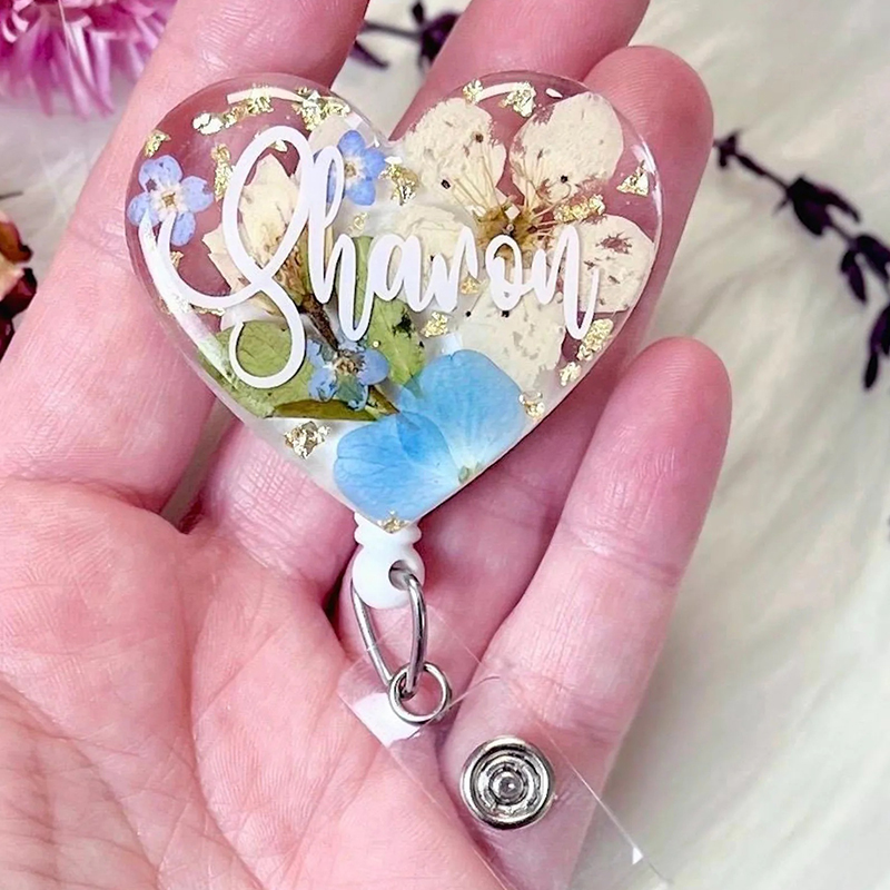 Personalized Name Pretty Floral Resin Heart Nurse Badge Reel