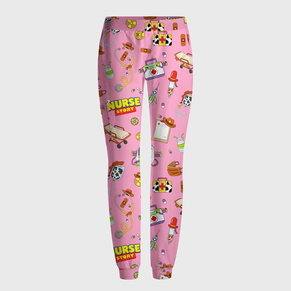 Cartoon Medical Equipment Print Nurse Scrub Set