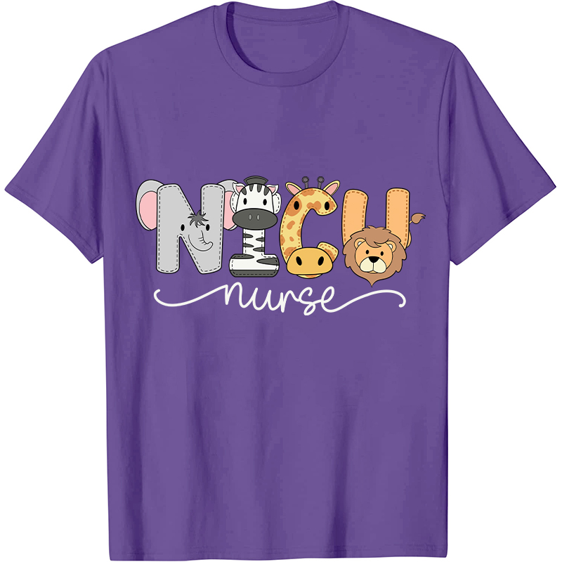 NICU Cartoon Zoo Animals Nurse T-Shirt