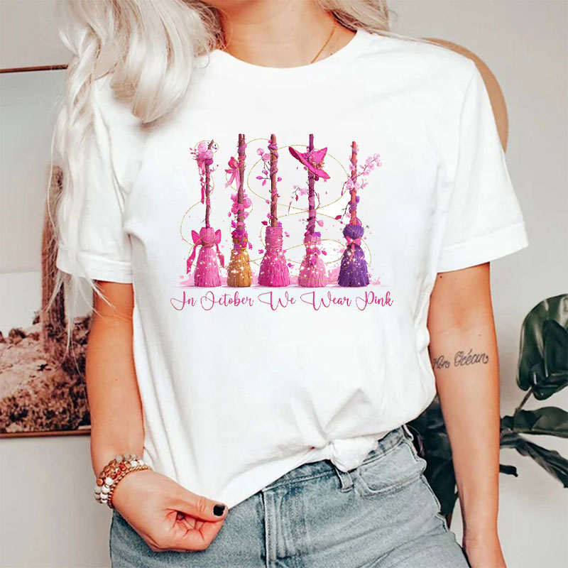October Pink Witch Brooms Breast Cancer Awareness Nurse T-Shirt