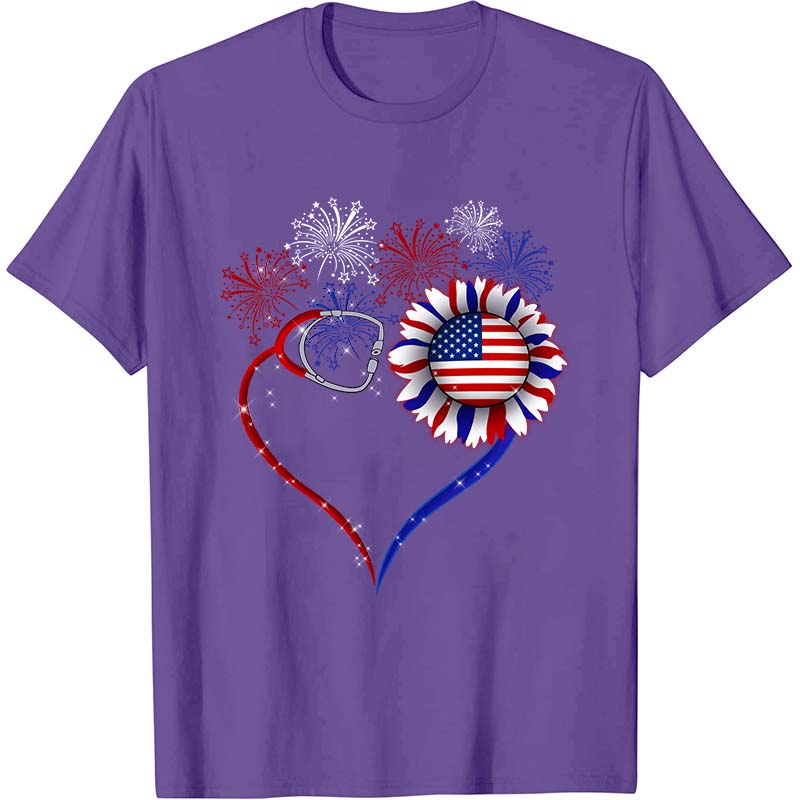 Fireworks Sunflower Stethoscope Nurse T-Shirt