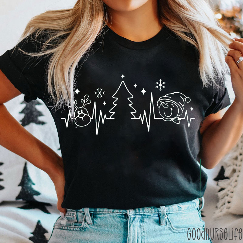 Heartbeat Christmas Tree Elk Snowman Nurse T-Shirt