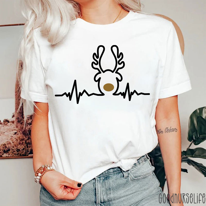 Christmas Heartbeat Reindeer Nurse T-Shirt