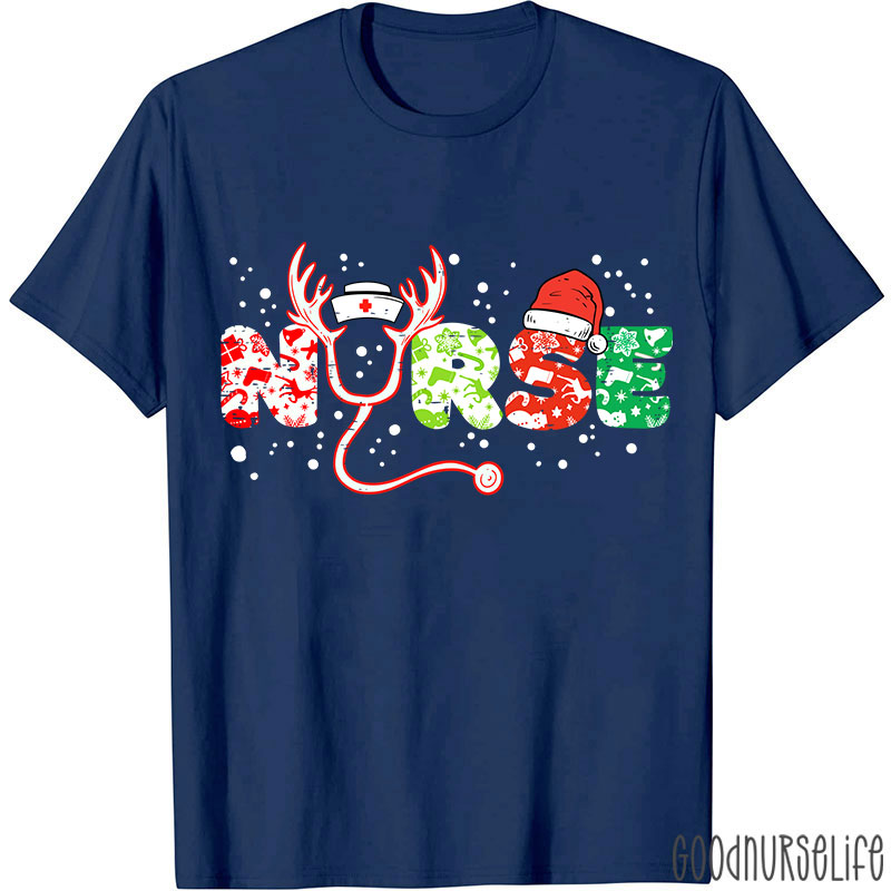 Christmas Icons Letters Reindeer Horns Nurse T-Shirt