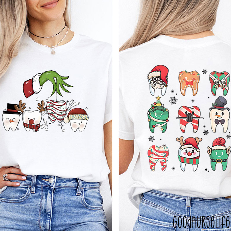 Santa Teeth Green Hand Christmas Nurse Two Sided T-Shirt