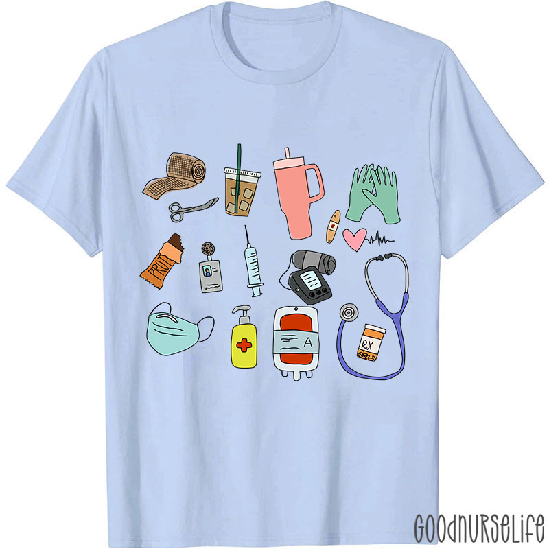 Stethoscope Coffee Mask Syringe Phone Nurse Daily Nurse T-Shirt