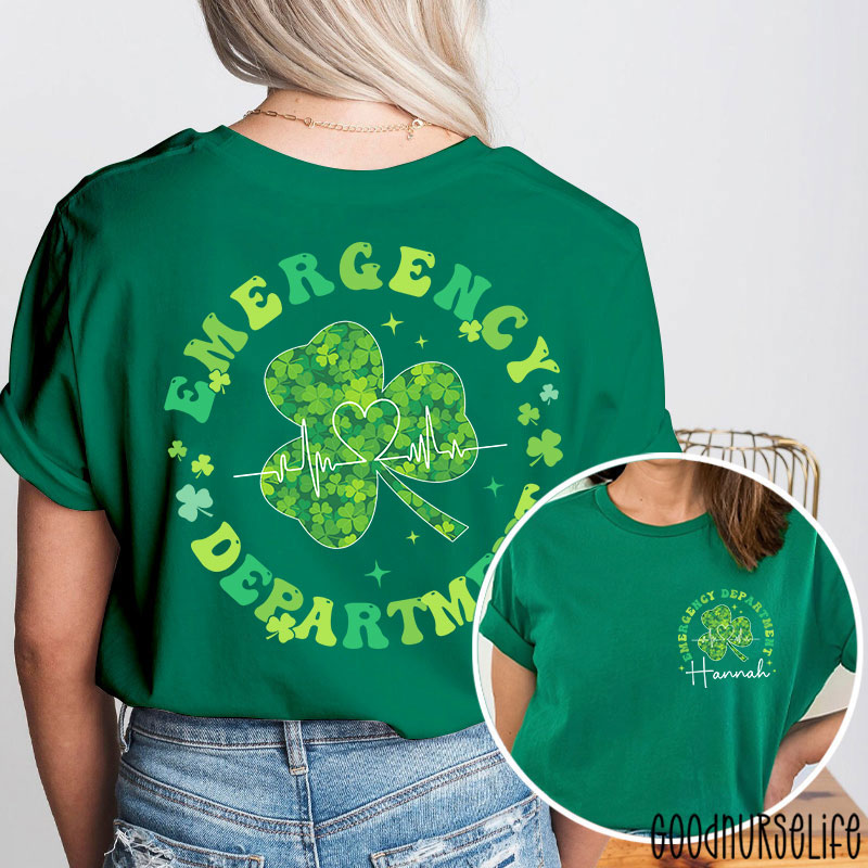 Personalized Green Clover Emergency Department Nurse Two Sided T-Shirt