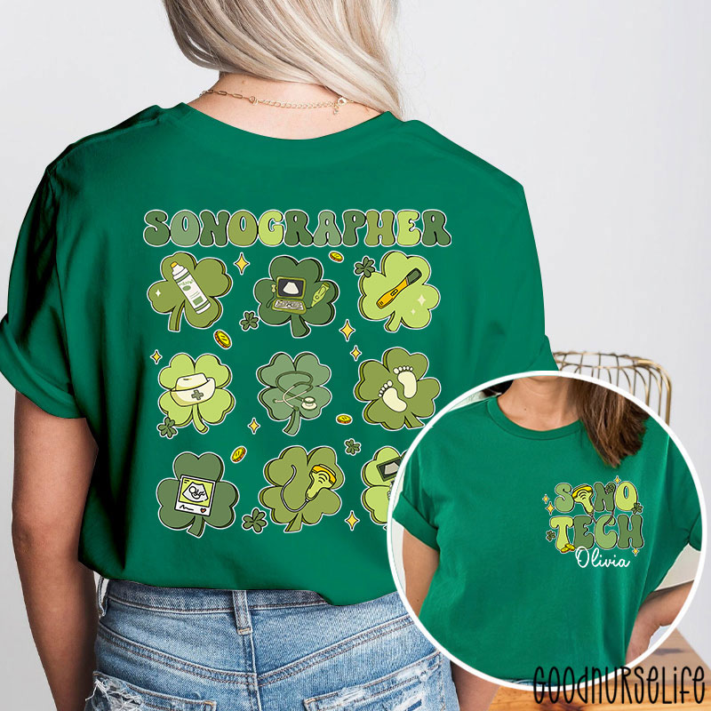 Personalized Name Sonographer St. Patrick's Day Nurse Two Sided T-Shirt