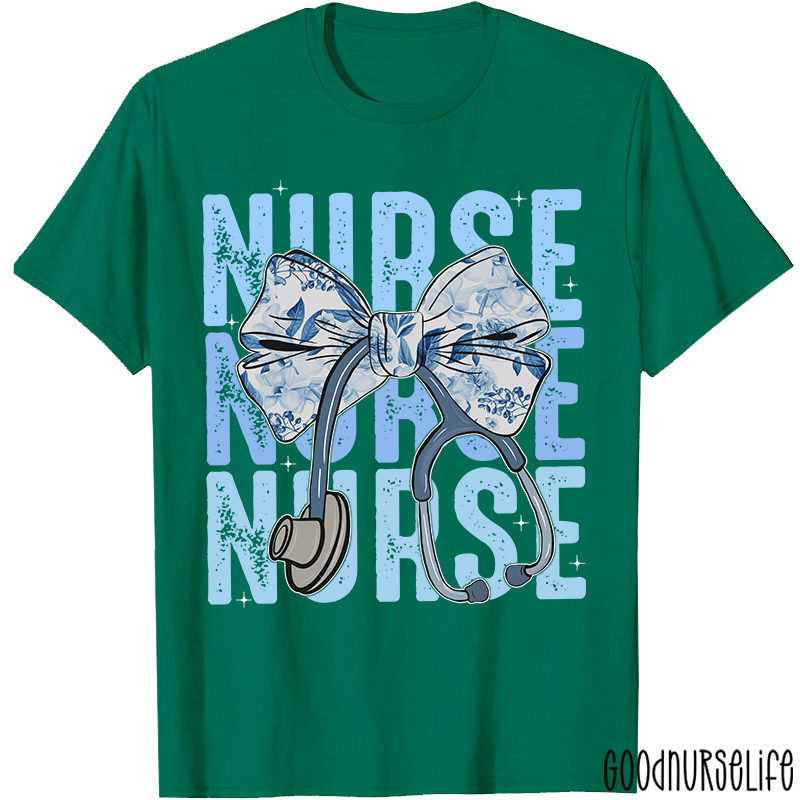Blue Flowers Stethoscope Nurse T-Shirt