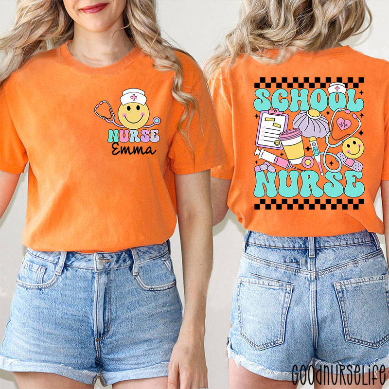 Personalized Checkerboard Smiley Face School Nurse Two Sided T-Shirt