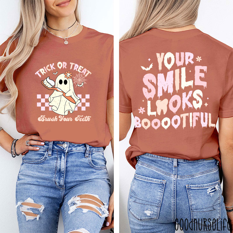 Trick Or Treat Brush Your Teeth Dentist Halloween Two Sided T-Shirt