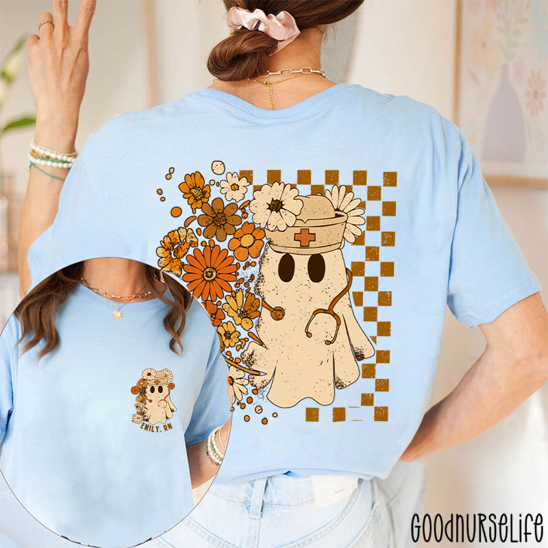 Personalized Checkerboard And Flower Ghost Nurse Two Sided T-Shirt