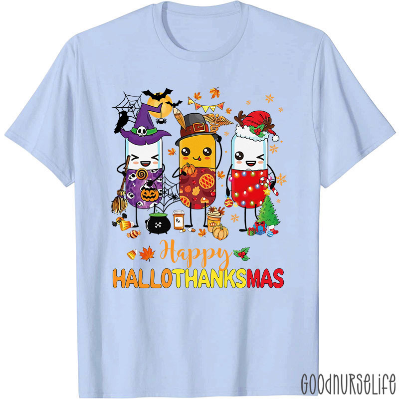 Pharmacy Holiday HalloThanksMas Pill Characters T-Shirt