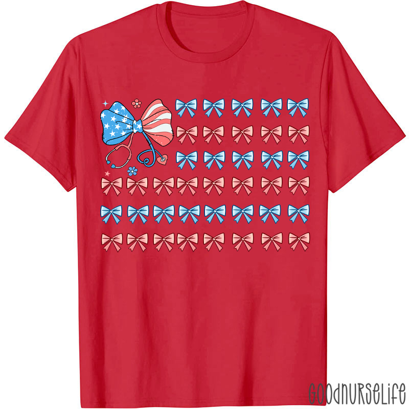 American Flag Patriotic 4th Of July Coquette Bow Nurse T-Shirt