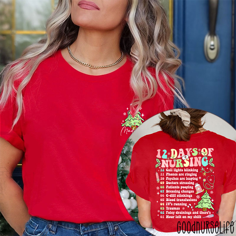 Personalized 12 Days Of Nursing Festive Checklist Nurse Two Sided T-Shirt