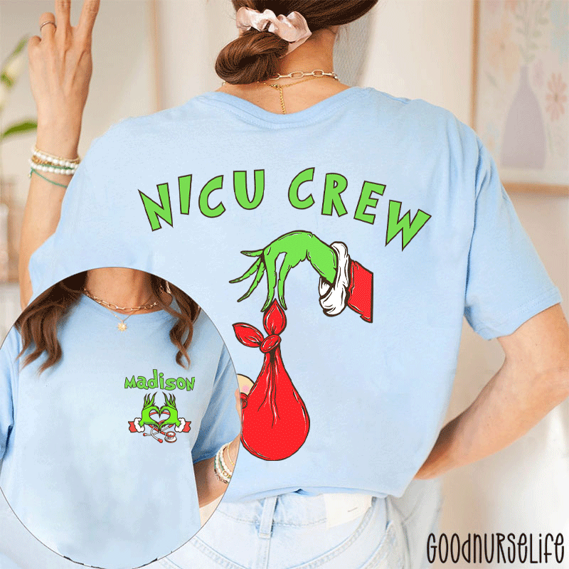Personalized Name Holiday NICU Crew Nurse Two Sided T-Shirt