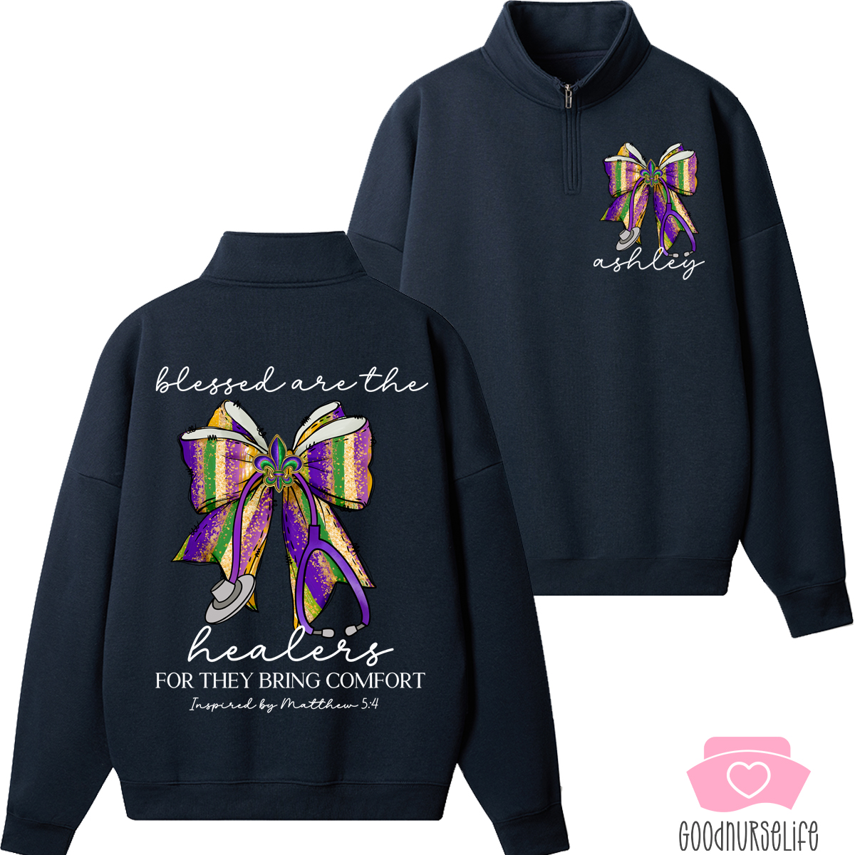 Personalized Mardi Gras Blessed Are The Healers For They Bring Comfort Nurse Quarter Zip Sweatshirt