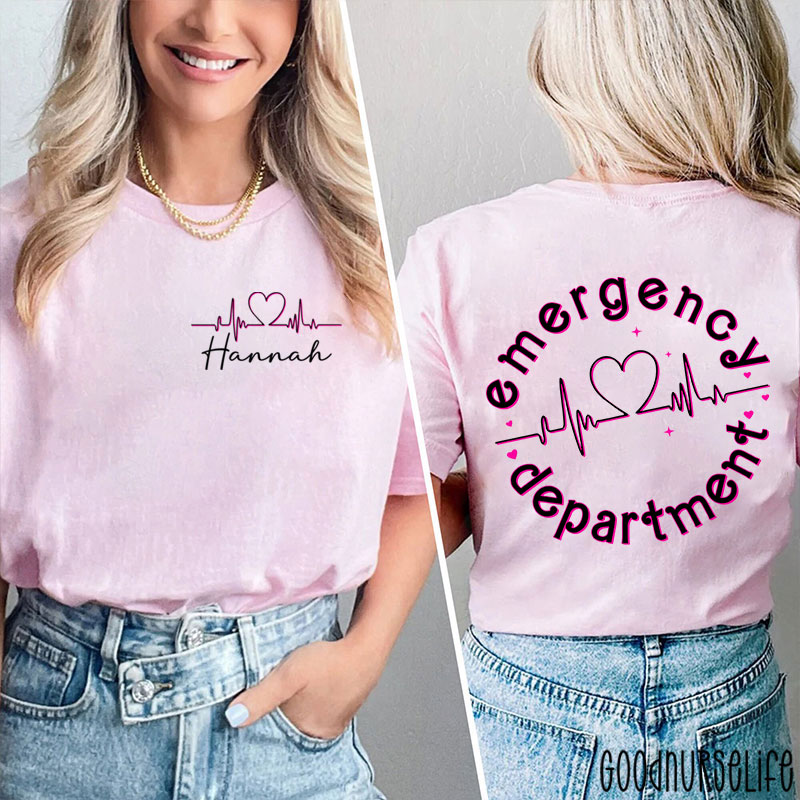 Personalized Name Heart Emergency Department Nurse Two Sided T-Shirt