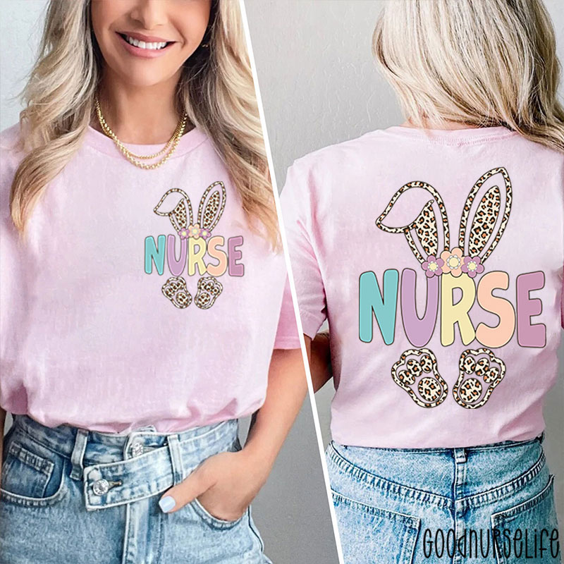 Leopard Bunny Hoppy Easter Nurse Two Sided T-Shirt