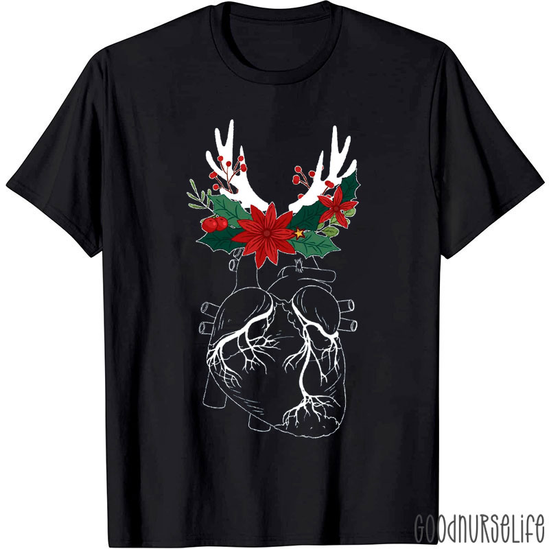 Anatomical Heart With Reindeer Antlers And Poinsettias T-Shirt