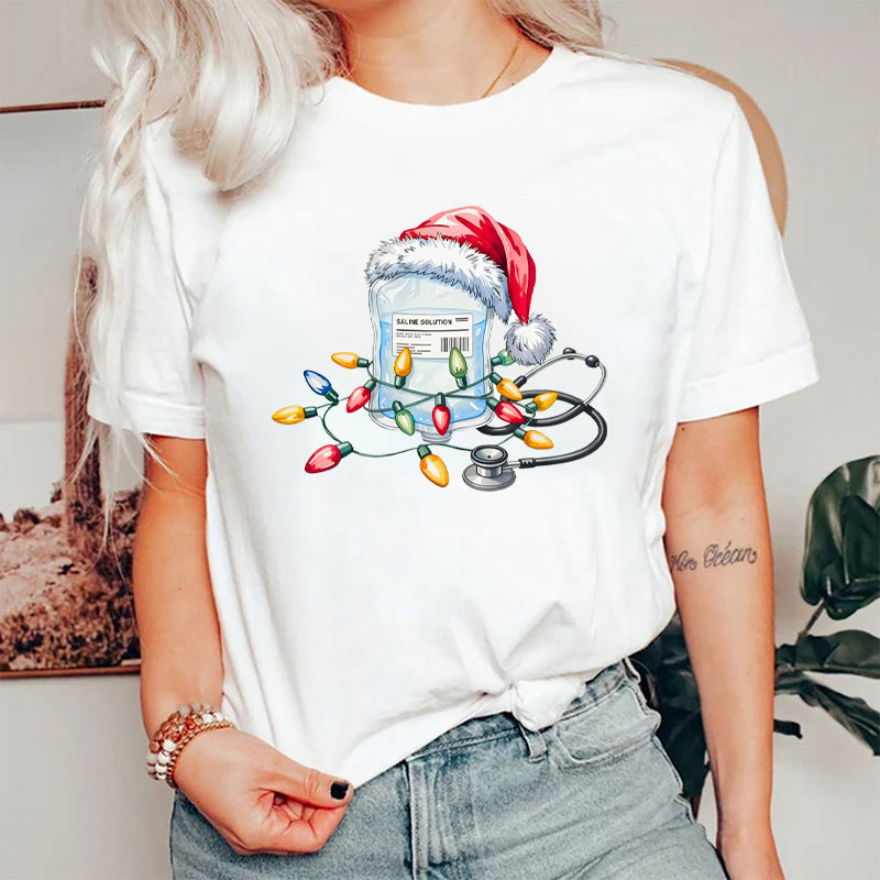 Santa Hat Saline Bag With Festive Lights Nurse T-Shirt
