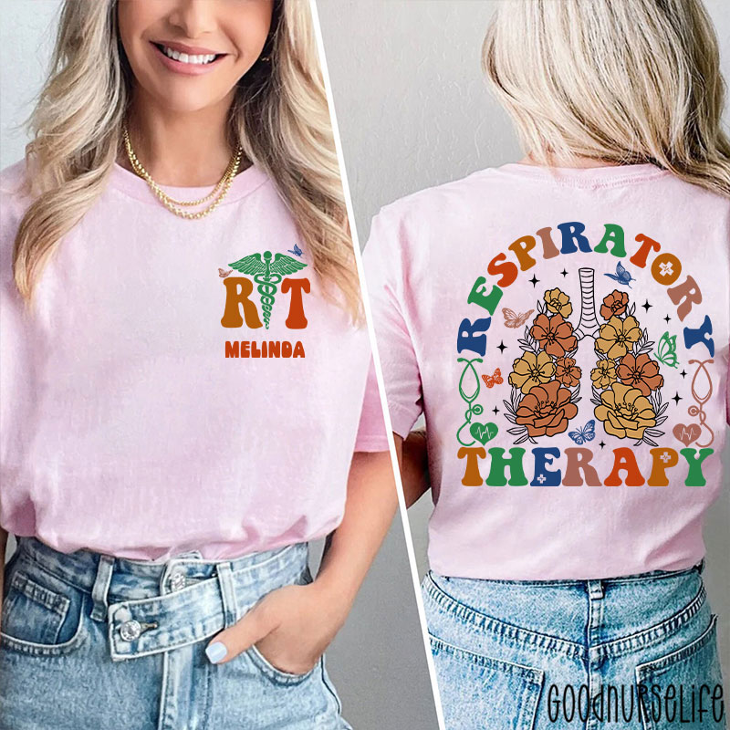 Personalized Name Flower Respiratory Therapy Two Sided T-Shirt