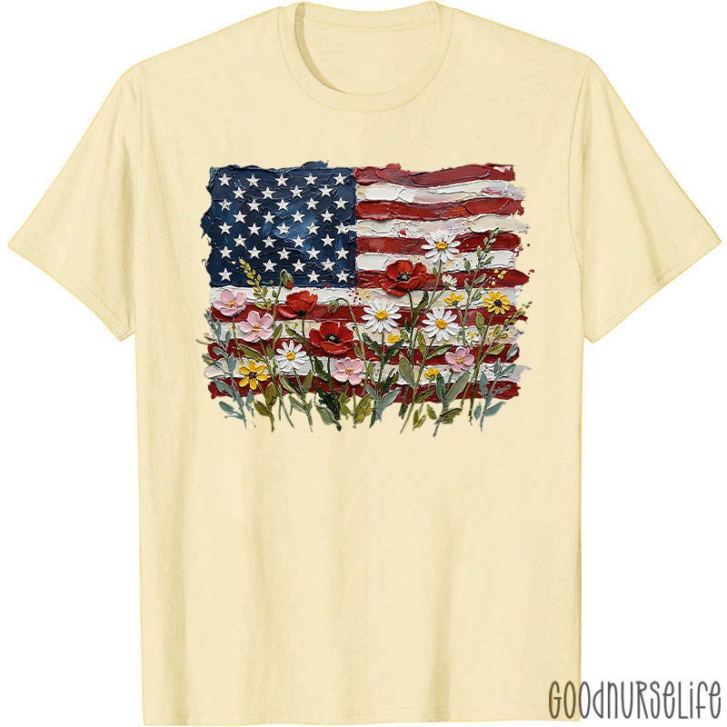 American Flag Floral Nurse T-Shirt