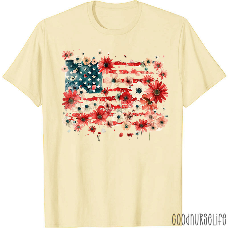 American Flag Floral Nurse T-Shirt