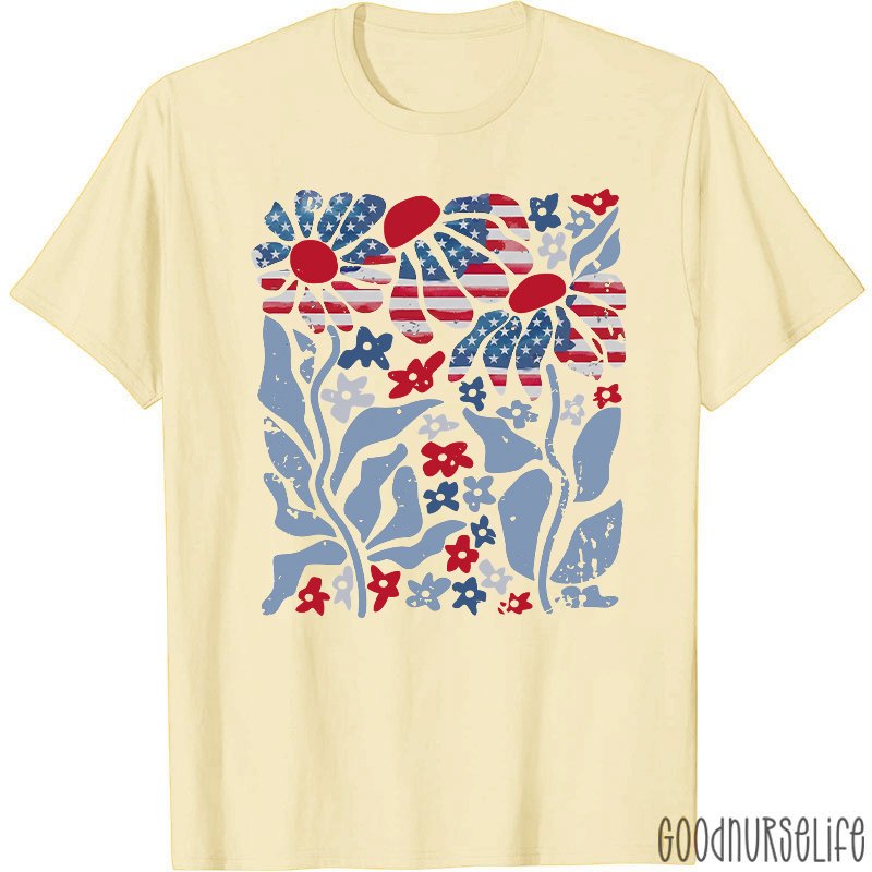 Boho Patriotic Daisy American Flag Floral Nurse T-Shirt