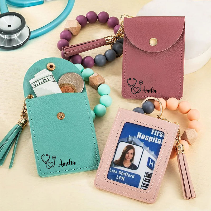 Personalized Name Stethoscope Nurse ID Card Holder Keychain