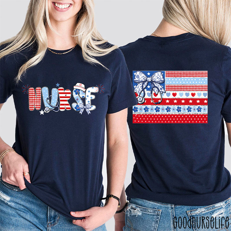 American Flag Floral Nurse Two Sided T-Shirt