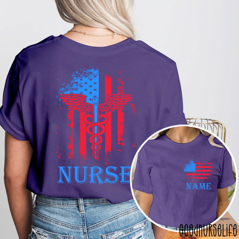 Personalized Name American Flag 4th Of July Nurse Two Sided T-Shirt