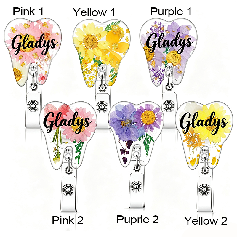 Personalized Name Teeth Dried Flower Dental Badge Reel