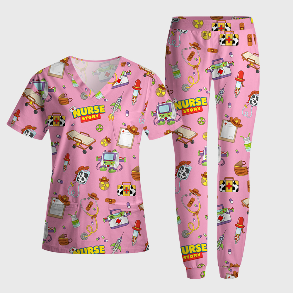Cartoon Medical Equipment Print Nurse Scrub Set