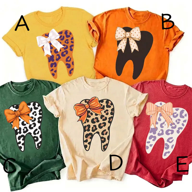 Dental Fall Bow Leopard Tooth Nurse T-Shirt