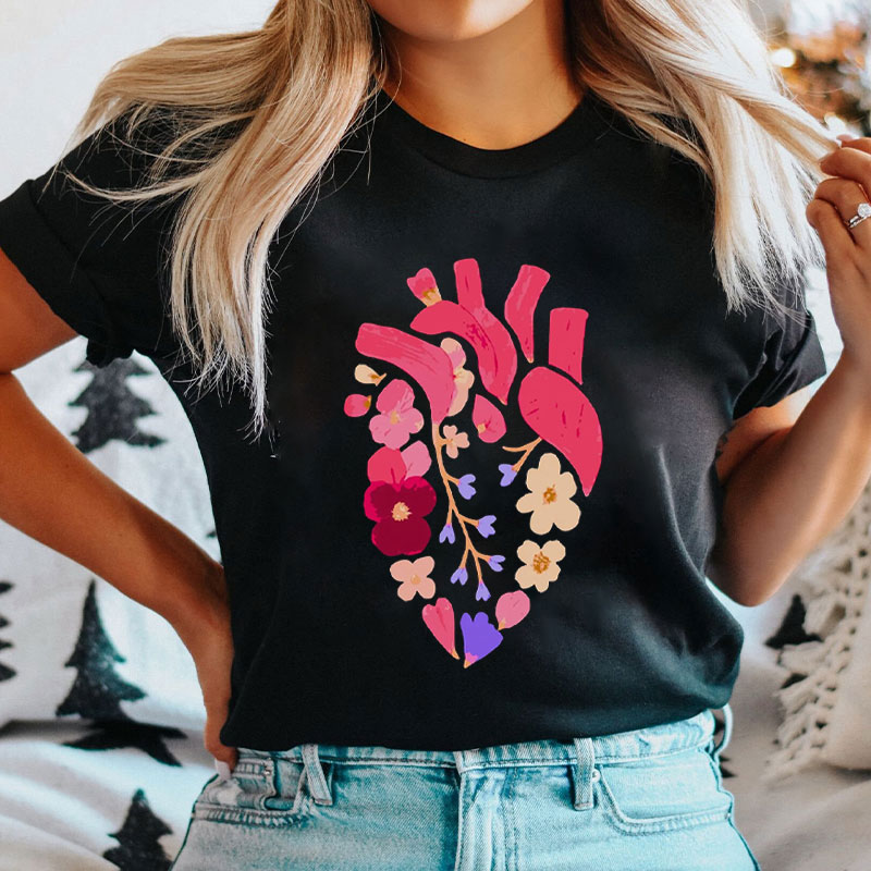 Heart Shaped With Flowers Nurse T-Shirt