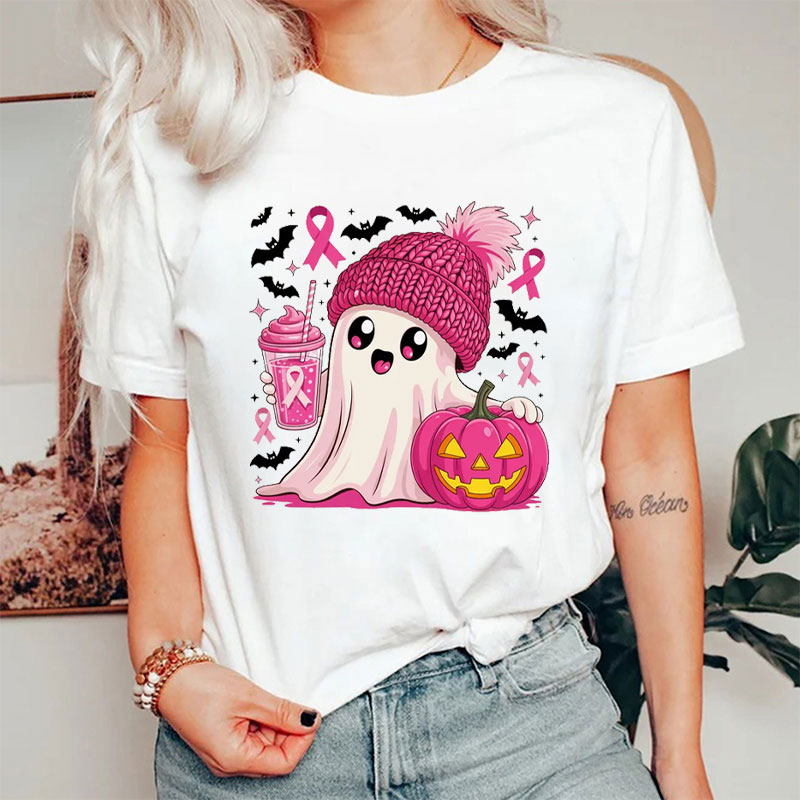Halloween Breast Cancer Awareness Cute Ghost And Spooky Pumpkin Nurse T-Shirt